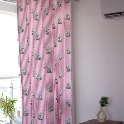 Pink Striped Floral Buta Cotton Curtain