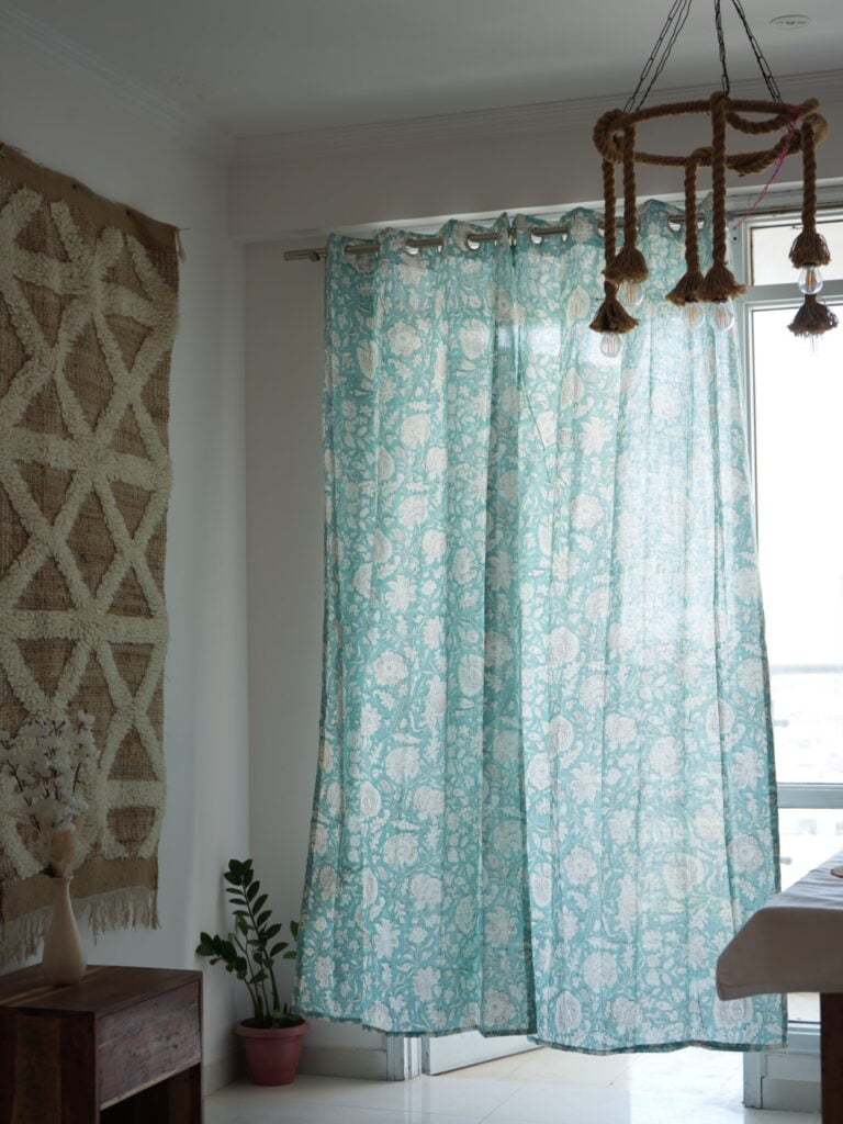 Floral Spread Blue Block Print Curtains