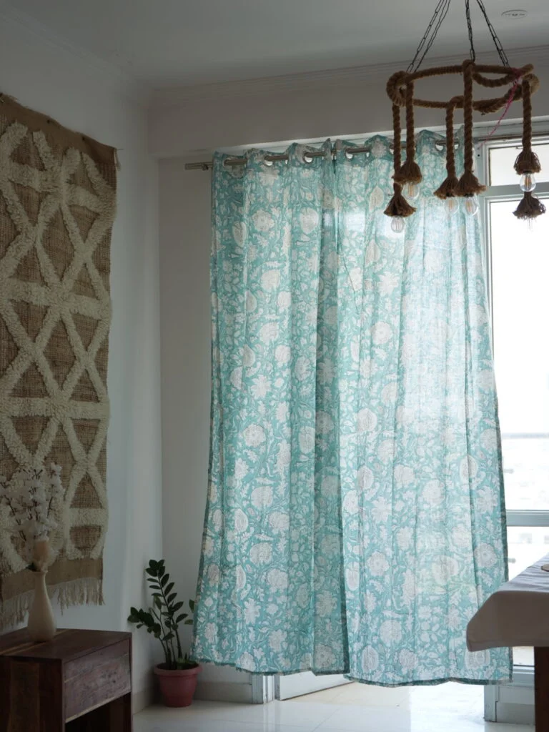 Floral Spread Blue Block Print Curtains