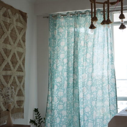 Floral Spread Blue Block Print Curtains