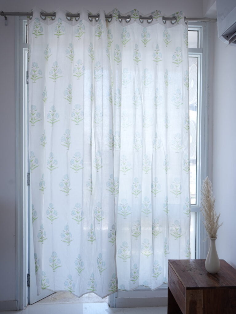 Indian Summer Aqua Poppy Cotton Curtains