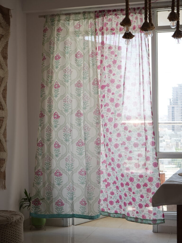 Red and Green Floral combination sheer Curtains