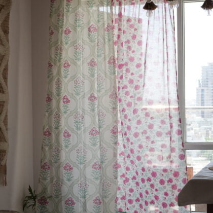 Red and Green Floral combination sheer Curtains
