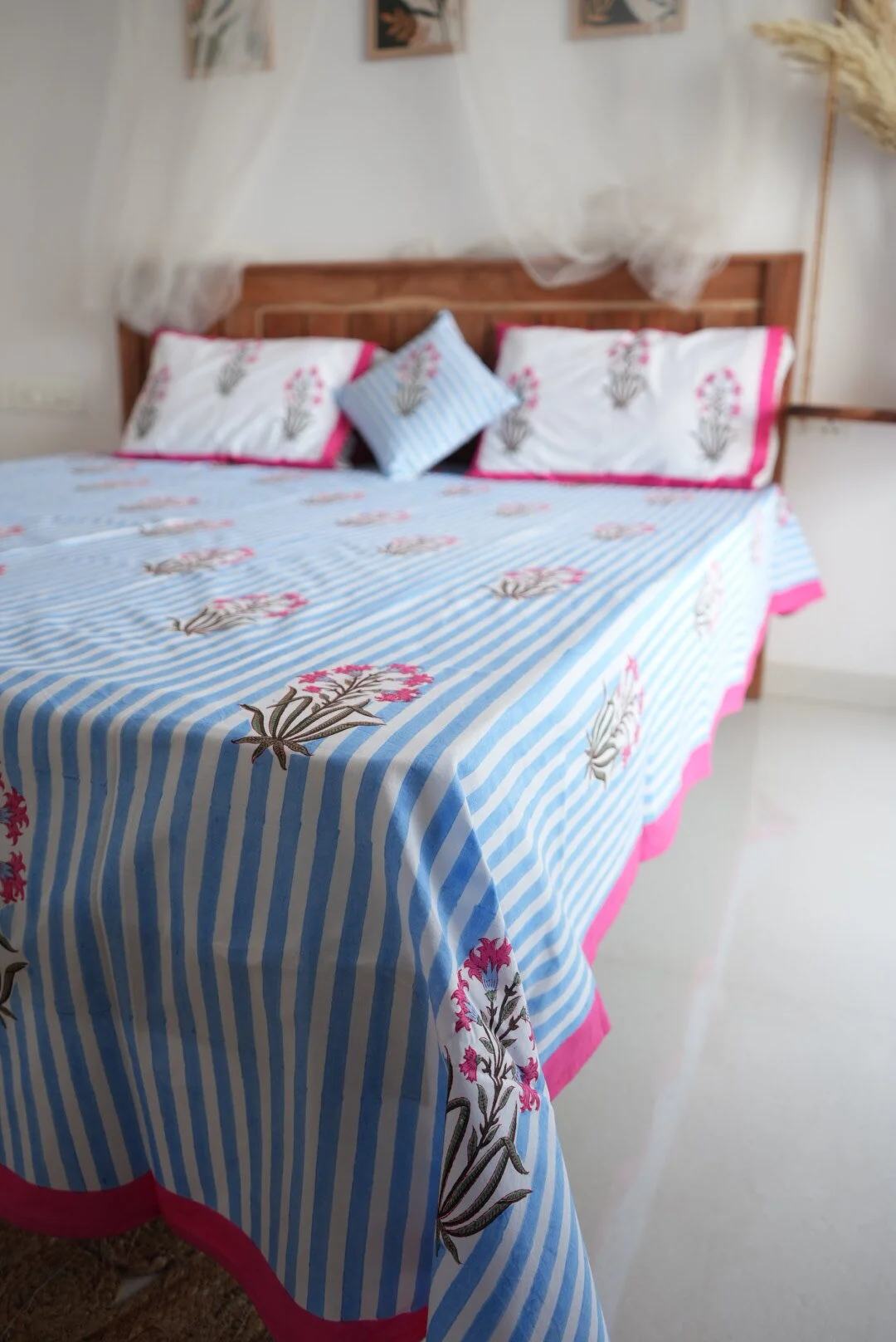 "Soft blue bedsheet for a peaceful, comfortable bedroom"