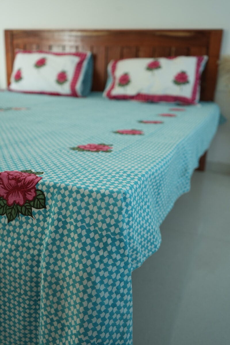 Rose Buta Print Torquoise Block Print Bedsheet - Image 4