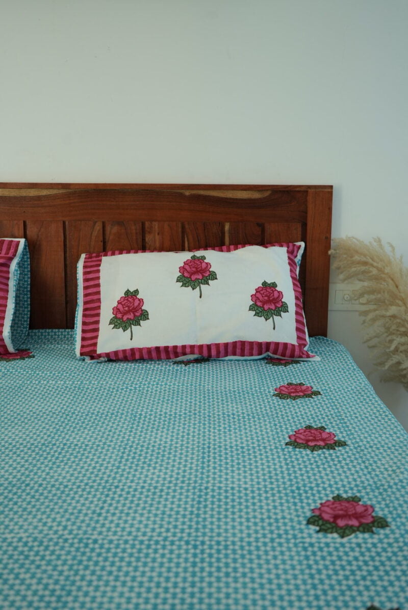 Rose Buta Print Torquoise Block Print Bedsheet - Image 3