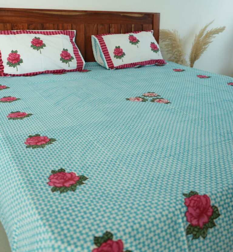 torquoise block print bedsheet
