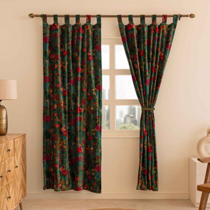 Dark Green Floral printed Velvet curtains