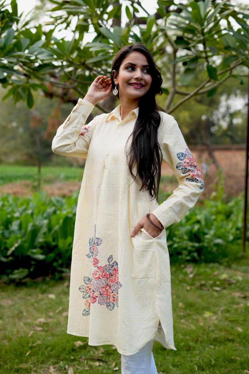 Beautiful Yellow Block Print Cotton Short Dress - Image 2