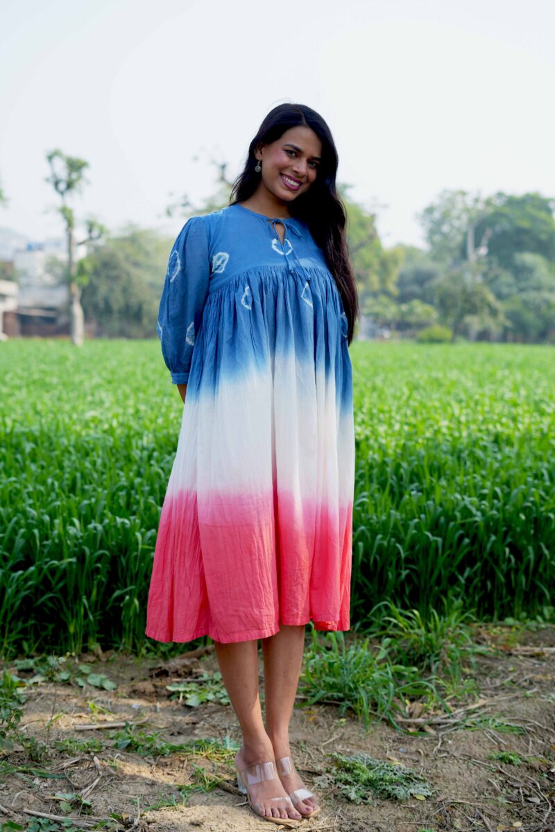 Beautiful Three Color Mul Cotton Tie Dye Dress - Image 2