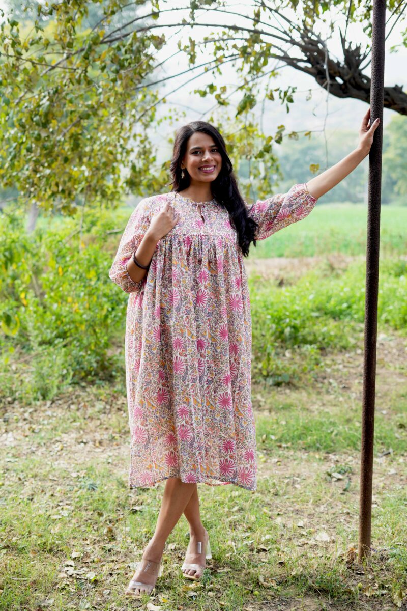Beautiful Flower Print  Pink Mul Cotton Dress
