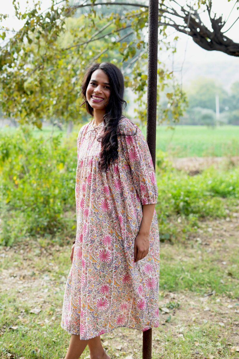 Beautiful Flower Print  Pink Mul Cotton Dress - Image 5