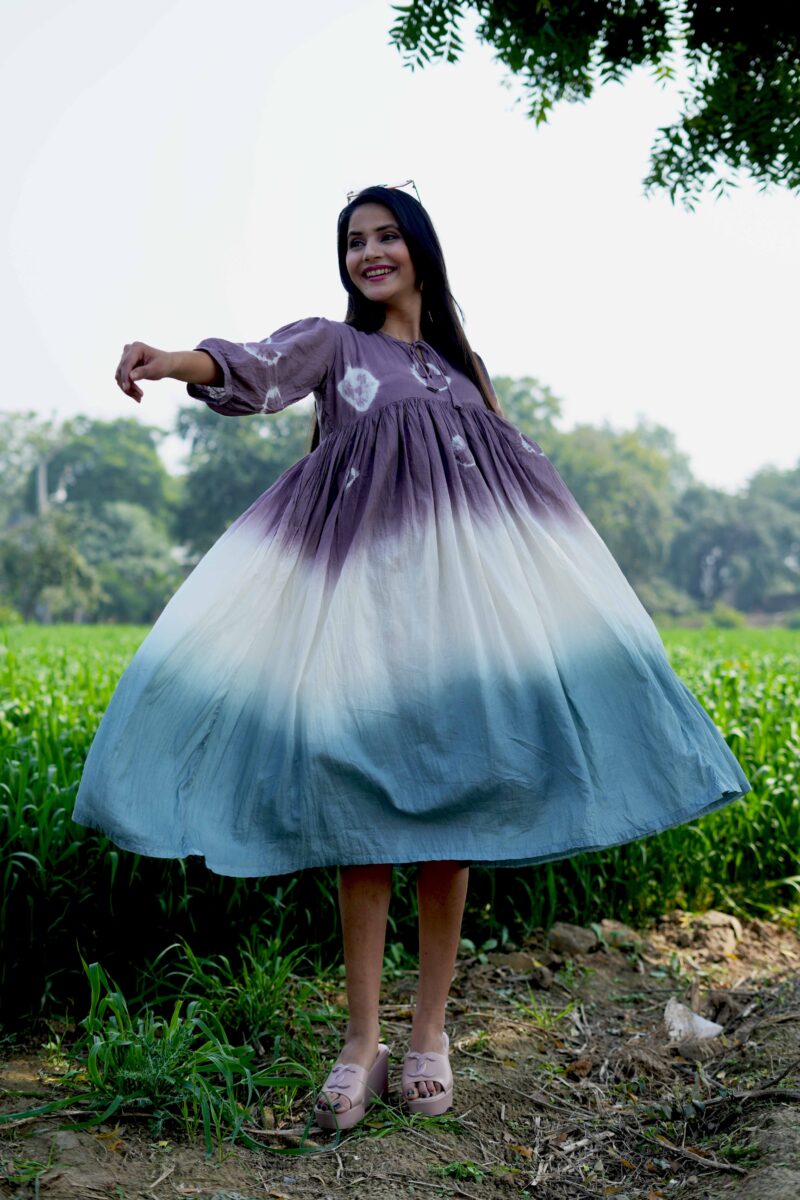 Beautiful Three Color Mul Cotton Tie Dye Dress - Image 3