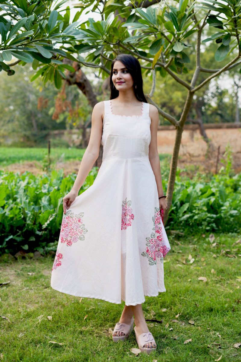 Beautiful White Flower Print Cotton Printed Sleeveless Dress - Image 2