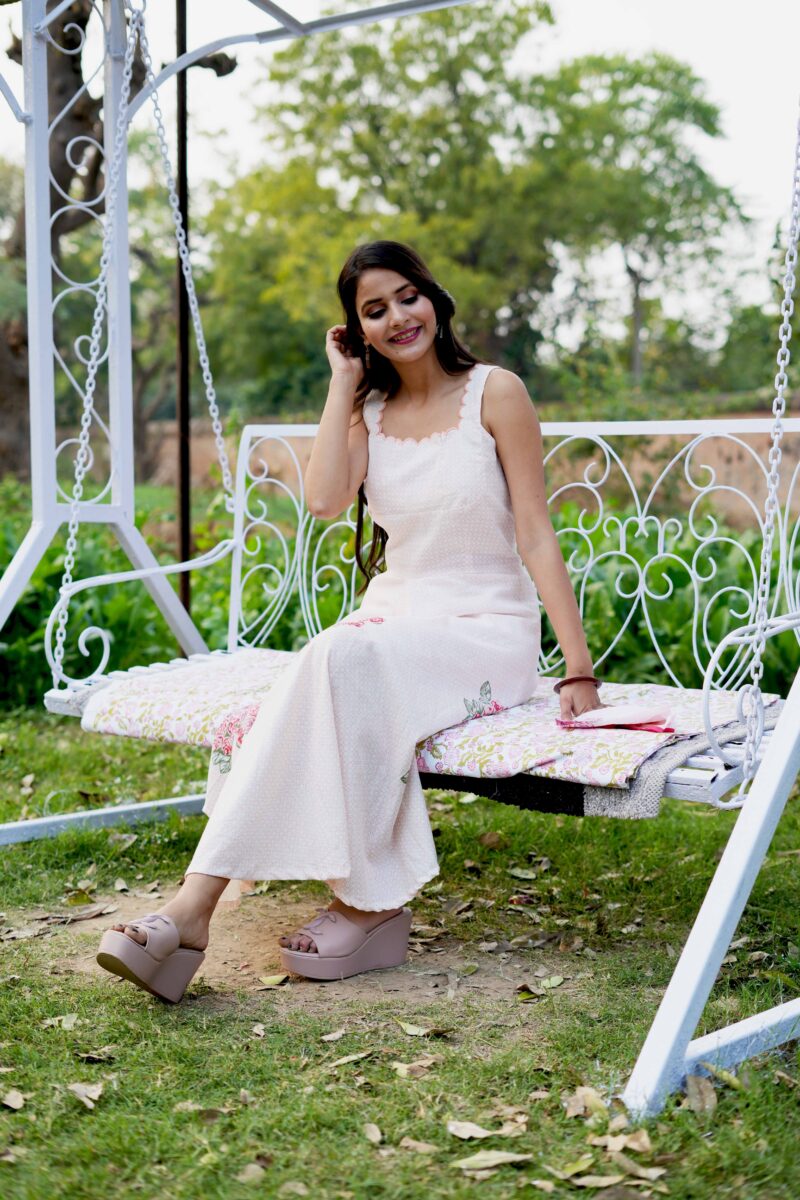 Beautiful White Flower Print Cotton Printed Sleeveless Dress - Image 4