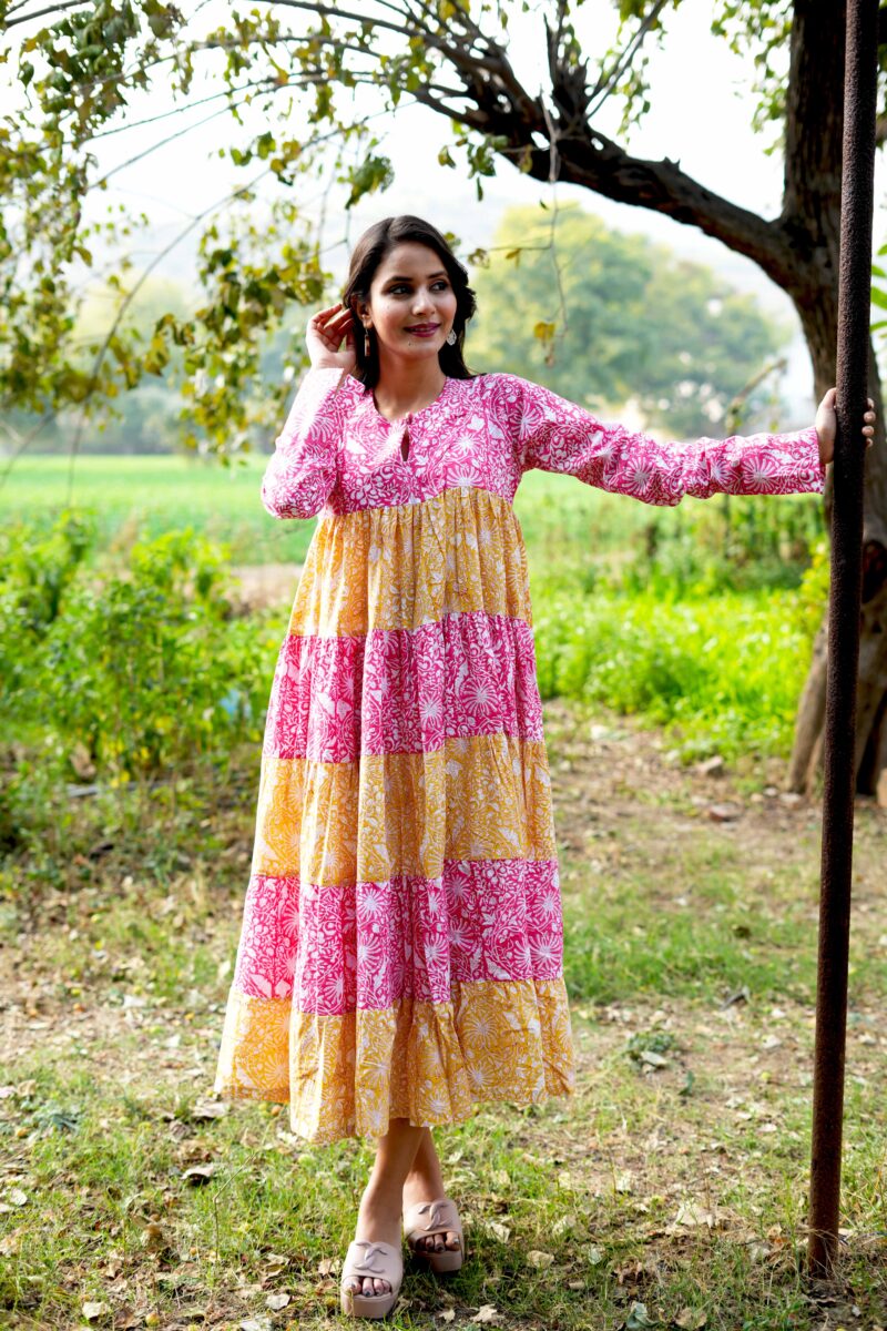 Pink And Yellow Block Printed Cotton Long Dress - Image 3