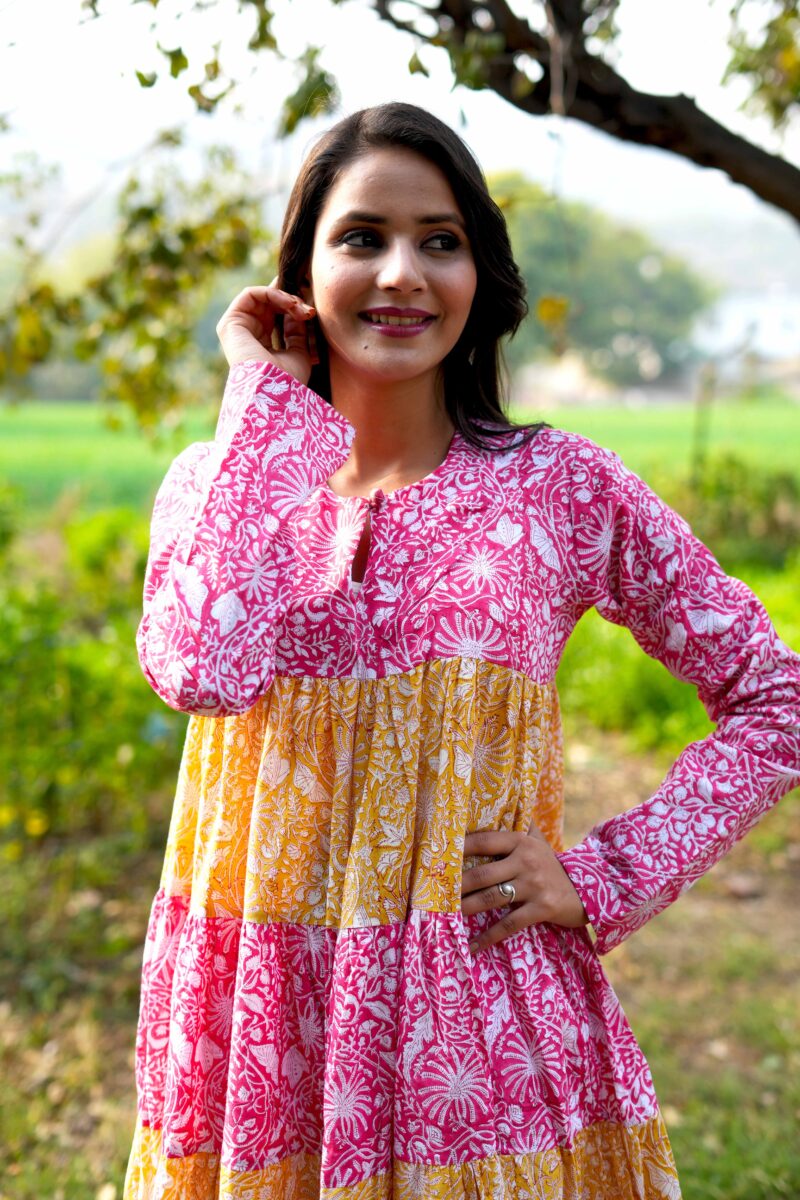 Pink And Yellow Block Printed Cotton Long Dress - Image 5