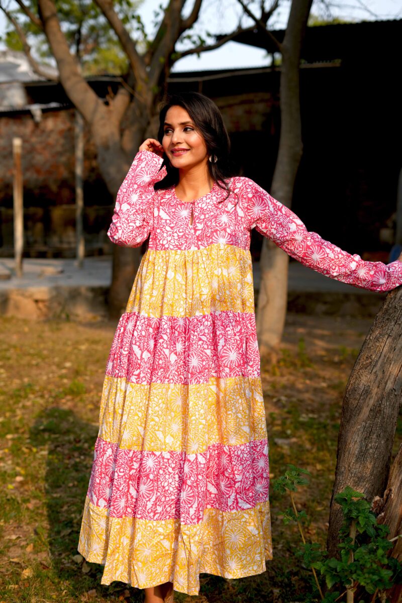 Pink And Yellow Block Printed Cotton Long Dress