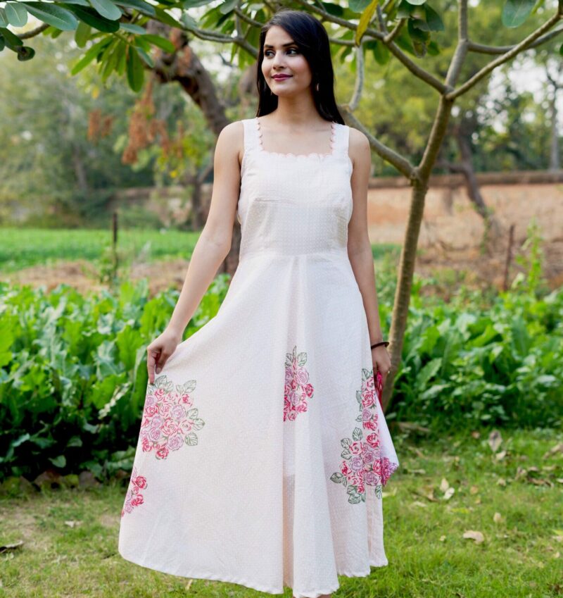 Beautiful White Flower Print Cotton Printed Sleeveless Dress