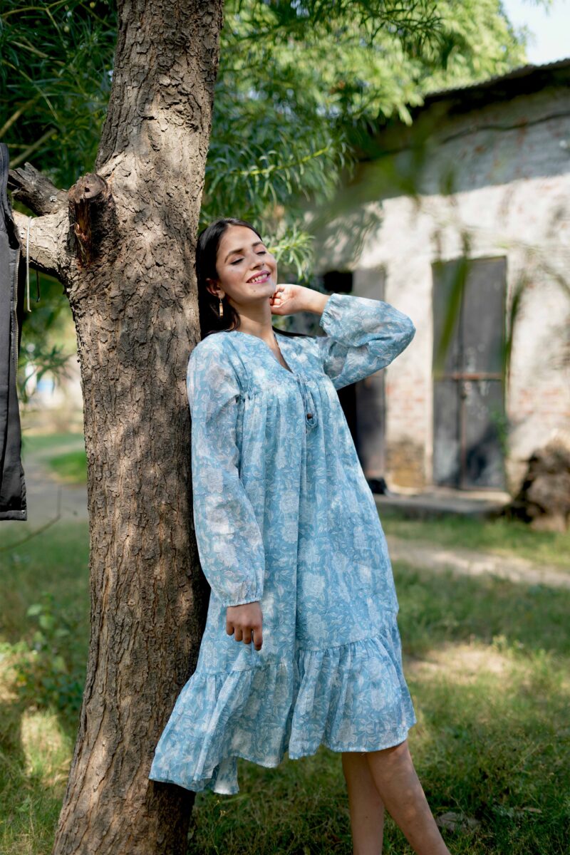 Beautiful Sky Blue Mul Cotton Short Dress