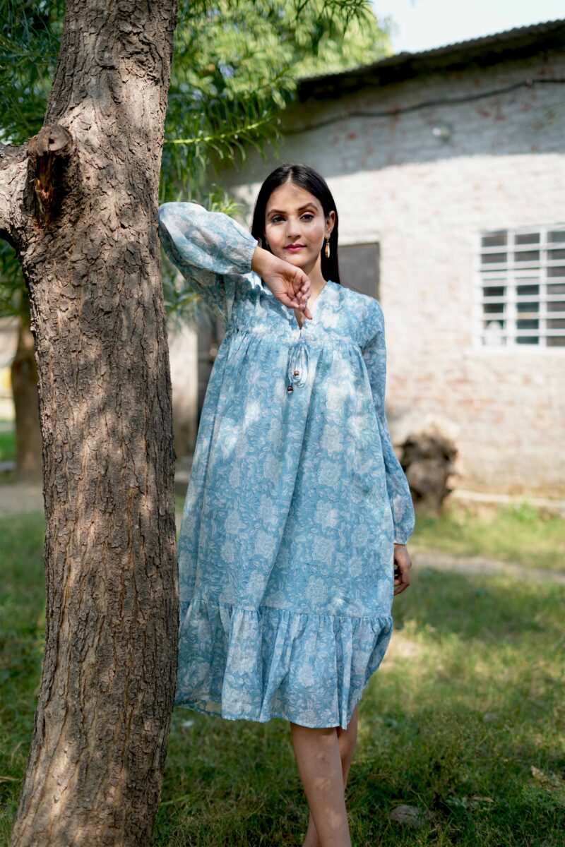 Beautiful Sky Blue Mul Cotton Short Dress - Image 6