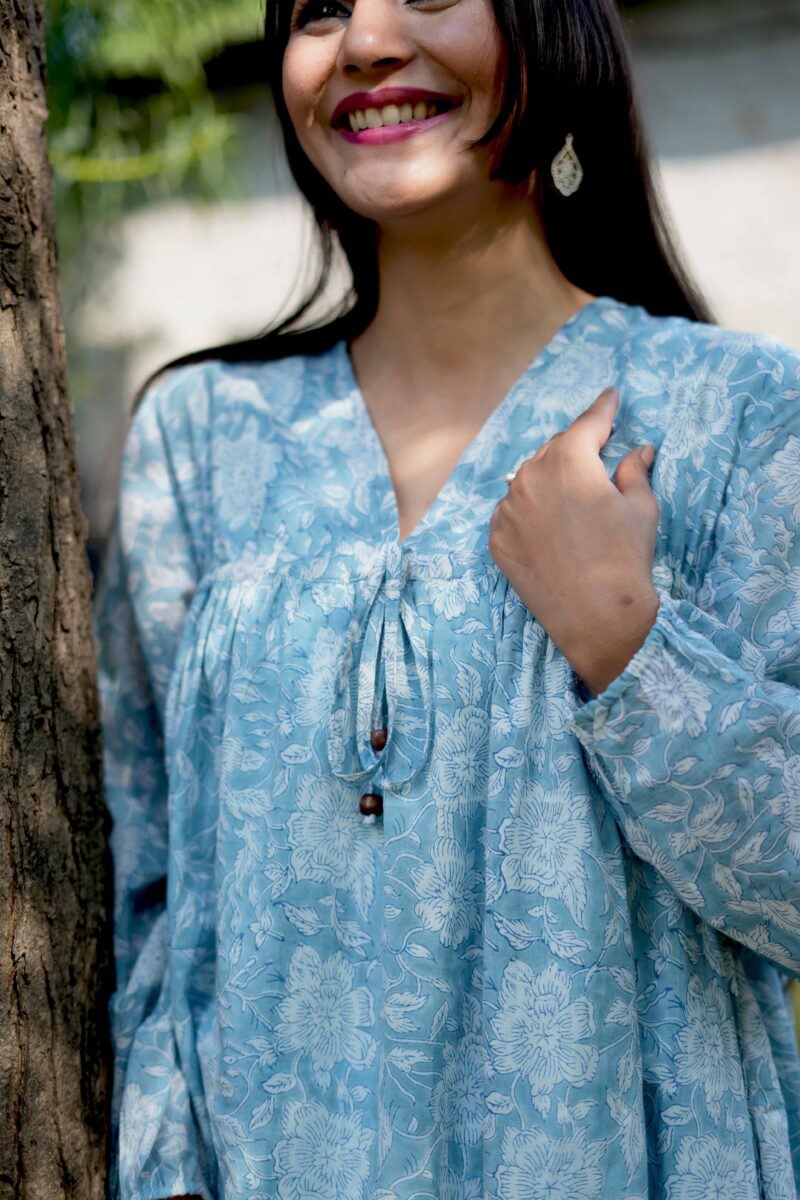 Beautiful Sky Blue Mul Cotton Short Dress - Image 4