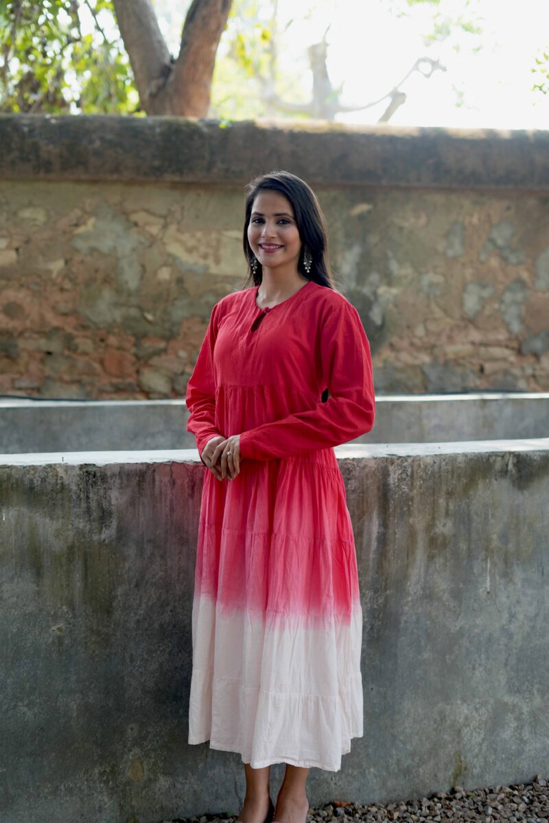 Beautiful Red And White Print Cotton Long Dress - Image 6