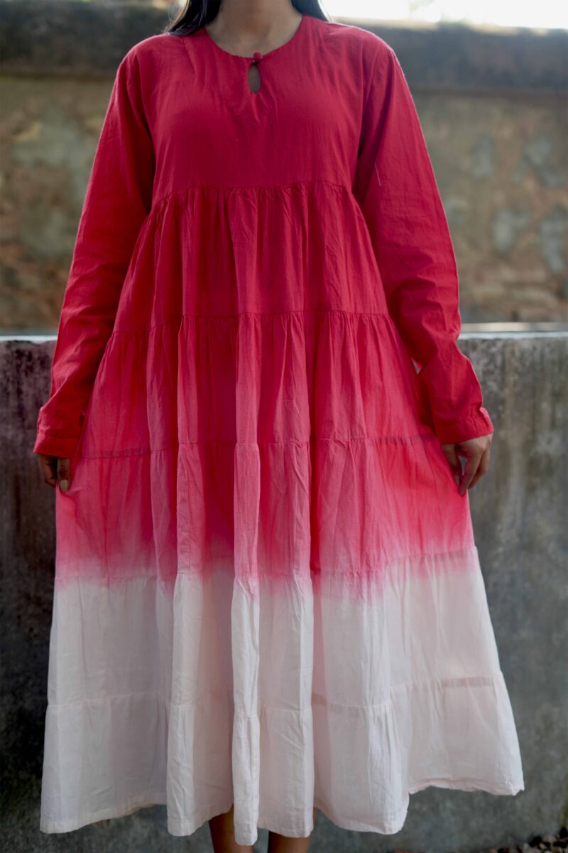 Beautiful Red And White Print Cotton Long Dress - Image 3