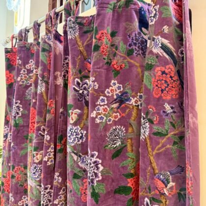 Deep Purple Cotton-Velvet Curtains, Luxury Feel Nature Print Drapes