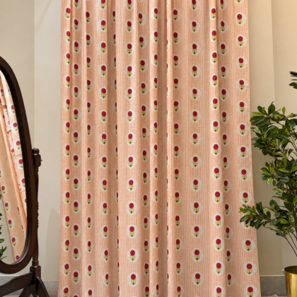 Hand Block Printed Floral Striped Cotton Curtain, Orange, Light-Filtering