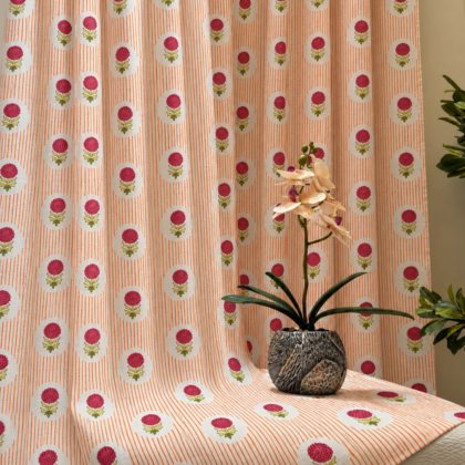 Hand Block Printed Floral Striped Cotton Curtain, Orange, Light-Filtering
