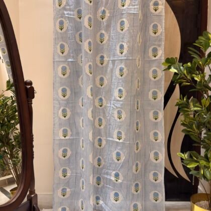Hand Block Printed Floral Stripe Cotton Curtains, Blue & White, Light-filtering