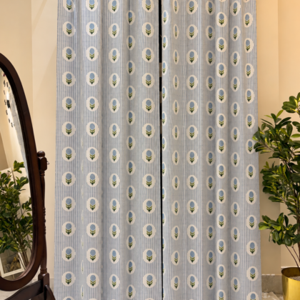 Hand Block Printed Floral Stripe Cotton Curtains, Blue & White, Light-filtering - Polished Floral Pinstripe Curtains