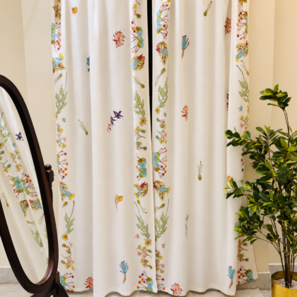 Hand Block Printed Botanic Cotton Curtain, White, Light-Filtering